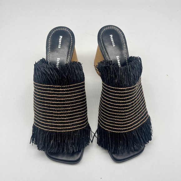 Proenza Schouler Straw Black and Beige Slide Sandal Block Heel Sz 36.5 - Picture 6 of 11